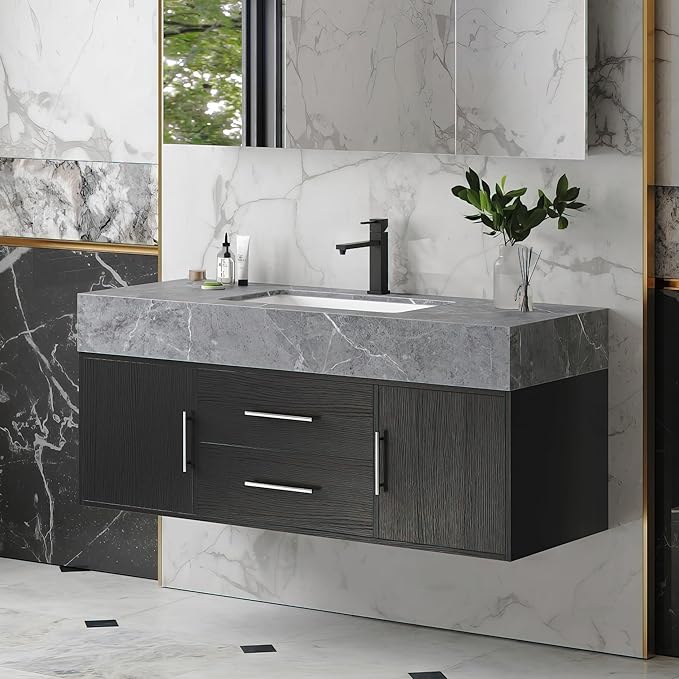 Bathroom Vanity with Sink 39.5" Floating Bathroom Vanity Sintered Stone Modern Bathroom Vanity Set, Black (Wall Mounted, Silver Handle)