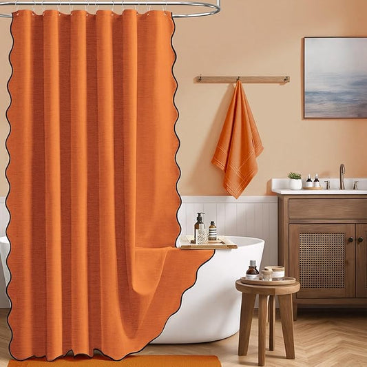 BTTN 84 Inch Shower Curtain, Extra Long Scalloped Boho Linen Textured Cloth Shower Curtain Set with Plastic Hooks, Tall Rustic Modern Waterproof Fabric Shower Curtain for Bathroom, 72x84, Burnt Orange