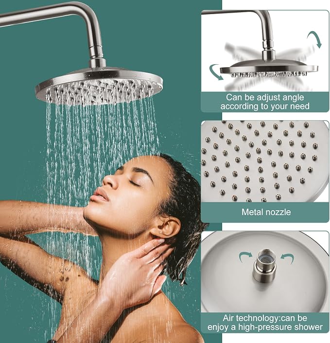 Heyalan Exposed Shower System, 8 Inch Rain Head, Handheld,Brushed Nickel | Exposed shower system with 8 inch rain head, handheld sprayer, single handle control, and complete wall-mounted setup.