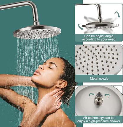 Heyalan Exposed Shower System, 8 Inch Rain Head, Handheld,Brushed Nickel | Exposed shower system with 8 inch rain head, handheld sprayer, single handle control, and complete wall-mounted setup.