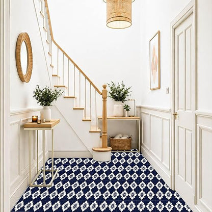 Navy Floral Peel and Stick Floor Tiles 12x12 Inch 10PCS | Navy blue and white floral tile pattern vinyl floor stickers for kitchen bathroom entryway and indoor home decor