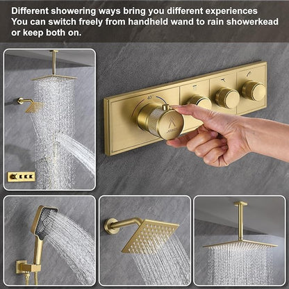 Shower System Modern Rain Brass Faucet Set With Valve and Diverter Shower Mixer With Handheld High Pressure Square Rainfall Shower Valve (12+6'' Wall Mount Thermostatic Valve, Brushed Gold)