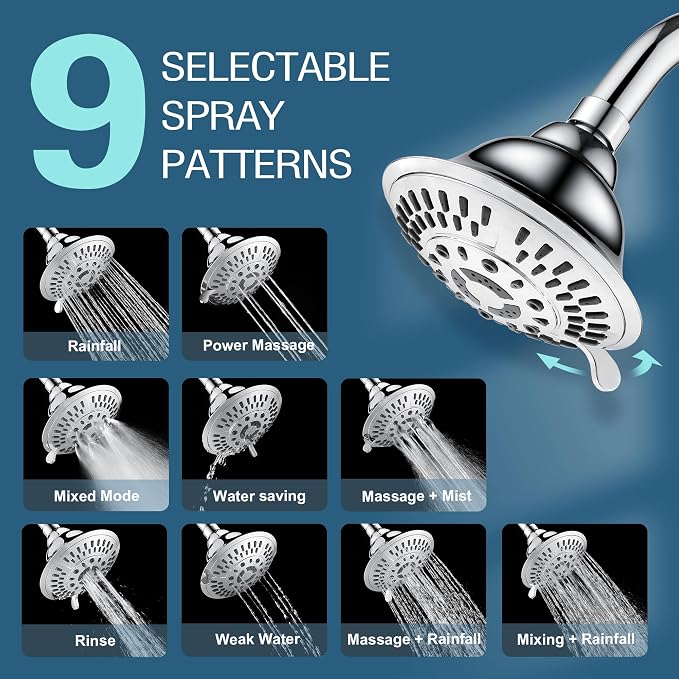BRIGHT SHOWERS High Pressure 9-Function Rain Shower Head, Luxury Bathroom Showerhead with Chrome Plated Finish, Adjustable Angles, 1-Min Installation