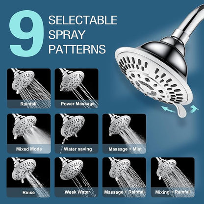 BRIGHT SHOWERS High Pressure 9-Function Rain Shower Head, Luxury Bathroom Showerhead with Chrome Plated Finish, Adjustable Angles, 1-Min Installation