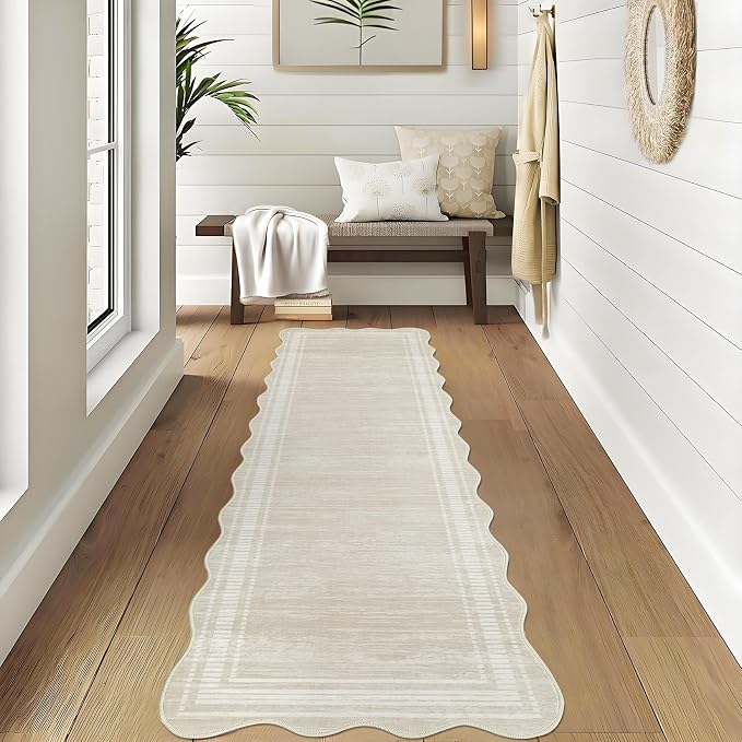 Garvee Washable 2x6 Runner Rugs for Hallway Kitchen Bathroom Rug Beige | Scalloped Non Slip Low Pile Solid Runner Rugs for Bedroom Entryway, Nursery Rugs Runner