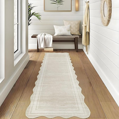 Garvee Washable 2x6 Runner Rugs for Hallway Kitchen Bathroom Rug Beige | Scalloped Non Slip Low Pile Solid Runner Rugs for Bedroom Entryway, Nursery Rugs Runner