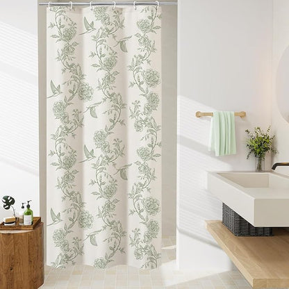 MitoVilla Small Stall Sage Green Cotton Shower Curtain for Bathroom,36 x 72 | Narrow Half Cottagecore Hummingbird Spring Shower Curtains, Modern Farmhouse Country Floral Bathroom Décor, 36 x 72