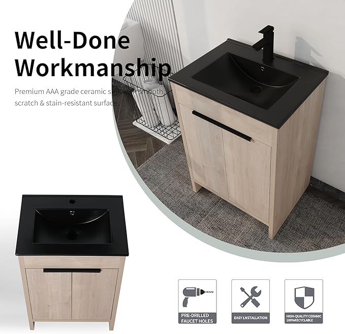 24'' Freestanding Bathroom Vanity, 24 Inch Floor Stand Bathroom Vanity with Sink, Single Black Sink Cabinet Set, Modern Storage Cabinet, with Soft Closing Door, 02424PLO+BL9060BK