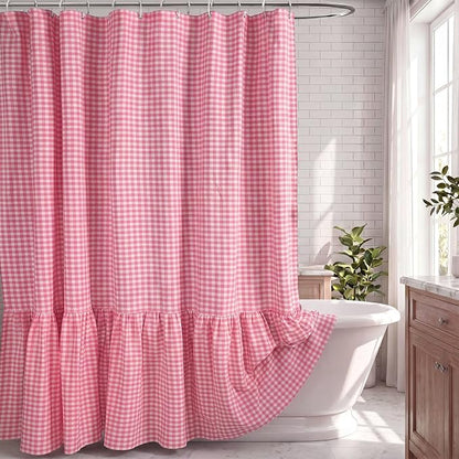 HunnmingRe Ruffle Hem Gingham Shower Curtain Pink | 72'' x 72'' Vintage Farmhouse Curtain, Cotton Cottage Core Rural Checkered Plaid Decor, Fall Shower Curtain for Bathroom