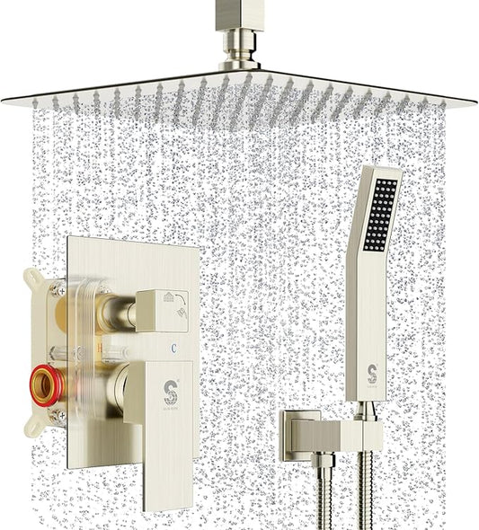 SR SUN RISE Brass 10 Inches Ceiling Mounted Shower System Brushed Nickel Bathroom Luxury Rain Mixer Shower Combo Set Ceiling Install Rainfall Shower Head System