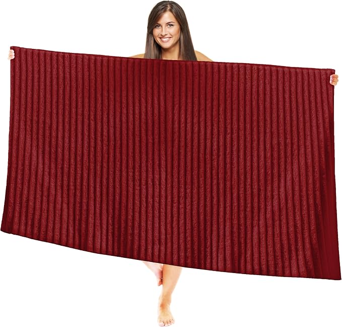 Elegant Comfort 100% Turkish Cotton Corduroy Ribbed Luxury Jumbo Bath Towel Ultra Soft - 35 x 70 Inch - Luxury Spa Premium Hotel Quality Highly Absorbent and Quick Dry Large Bath Towel, Burgundy