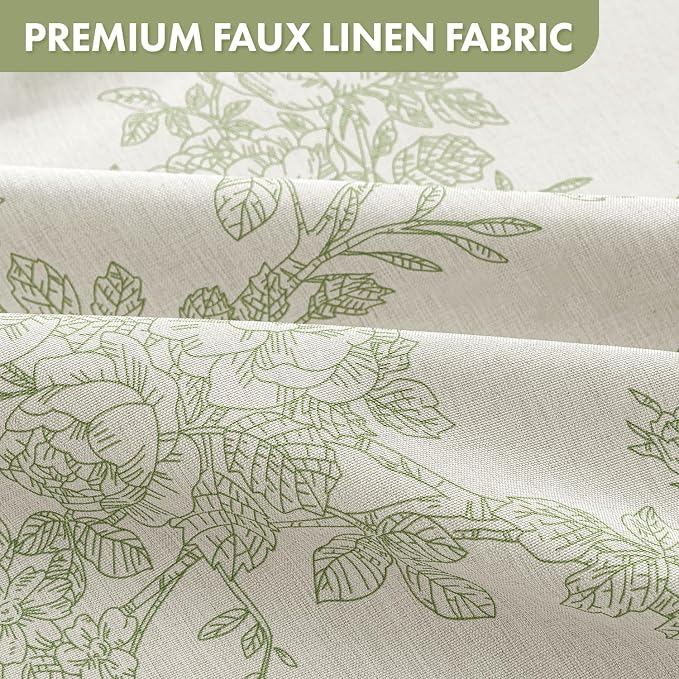 Spring Extra Long Linen Green Floral Shower Curtain W72*L90 Inches | Linen Textured Fabric, 12 Rustproof Metal Hooks, Wrinkle Resistant Cloth, Machine Washable, Bathroom Decor for Cottage Core