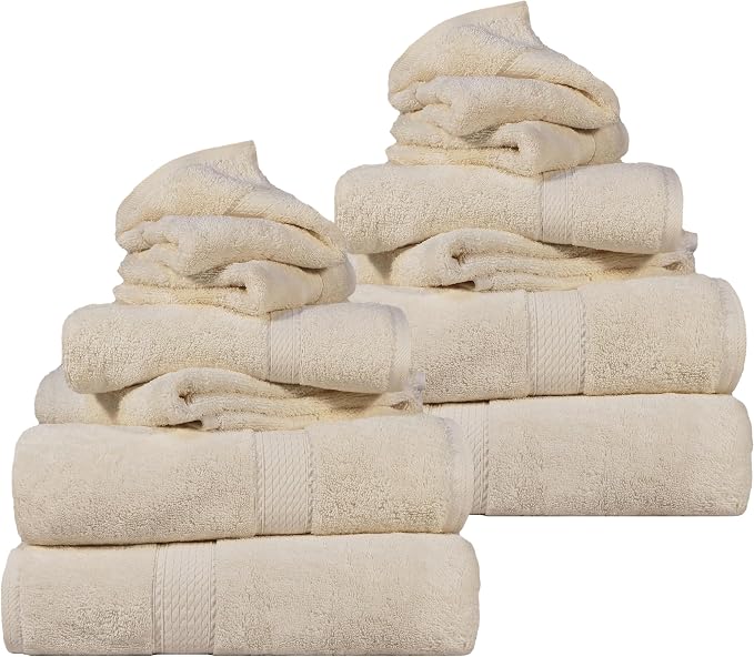 SUPERIOR Egyptian Cotton Ultra Plush & Absorbent, 12 Piece Set, Cream | Heavyweight 12 Pc Egyptian Cotton Towel Set Includes 4 Bath Towels 4 Hand Towels 4 Washcloths Decorative Rope Border