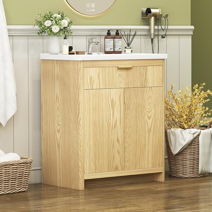 32" Modern Bathroom Vanity with Ceramic Sink, 2 Doors & 1 Drawer, Wooden Storage Cabinet, Actual 31.5" L x 18.5" W x 35.4" H