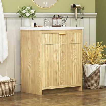 32" Modern Bathroom Vanity with Ceramic Sink, 2 Doors & 1 Drawer, Wooden Storage Cabinet, Actual 31.5" L x 18.5" W x 35.4" H