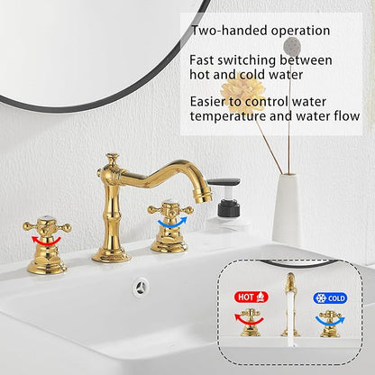 GGStudy 2 Handles 3 Holes Faucet Widespread Bathroom Sink Faucet Polished Gold Basin Tap Mixer Supply Hose Included Matching Metal Pop Up Drain