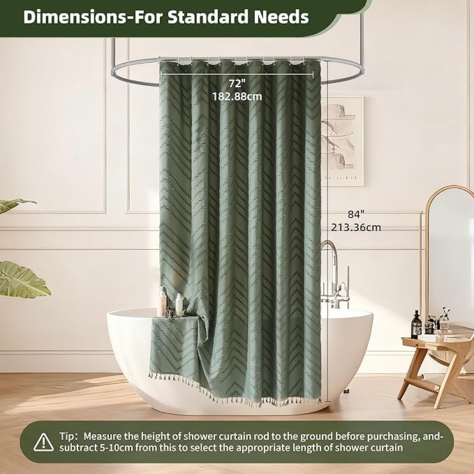 Extra Long Sage Green Boho Shower Curtain with Tassel, Woven Fabric 84 in Shower Curtain, Tufted Chevron Striped, 72 x 84, Modern Chic Textured Minimalist Bathroom Shower