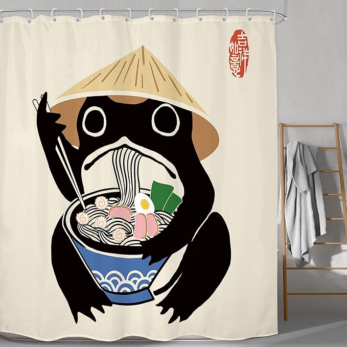 LGhtyro Long Funny Frog Shower Curtain Bathroom Set 71Wx78H Inches Asian Traditional Retro Vintage Cute Noodles Strawhat Men Bath Accessories Japanese Style Animal Art Home Decor Fabric 12 Pack Hooks