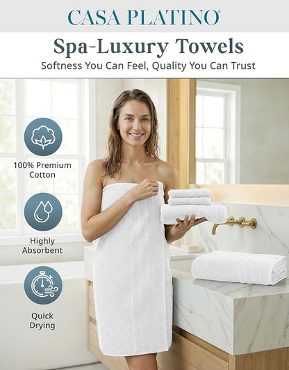 Casa Platino Bath Towel Set 100% Cotton 18 Piece Soft Absorbent - White | Bathroom Towels - Generously Sized, Oversized & Roomy, Lightweight & Breathable, Fade-Resistant Color, Classic Terry Weave