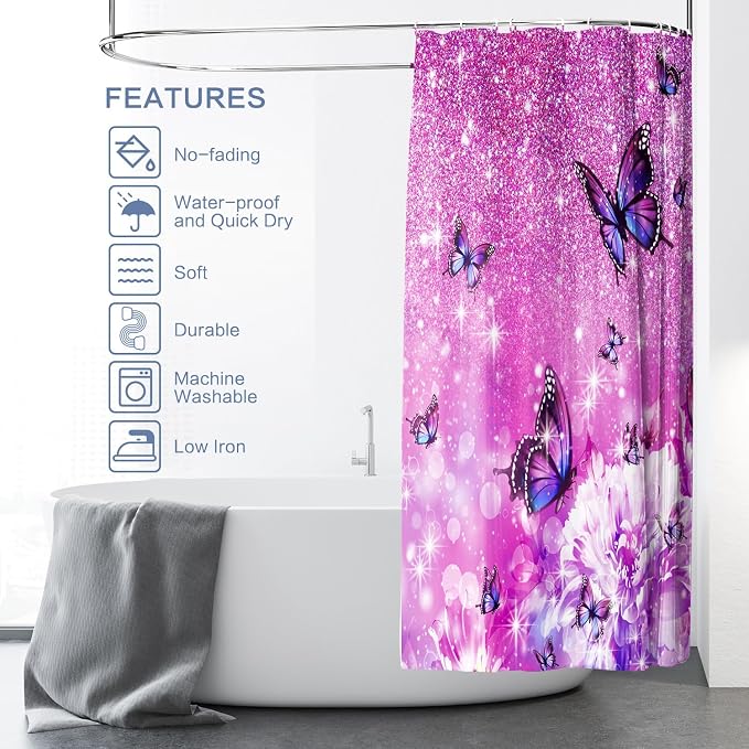 Modern Shower Curtain, Flower Butterfly Shower Curtain Purple Shower Curtain Sets Waterproof Polyester Fabric Machine Washable Home Farmhouse Office Decor Bath Curtains