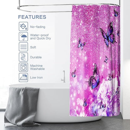 Modern Shower Curtain, Flower Butterfly Shower Curtain Purple Shower Curtain Sets Waterproof Polyester Fabric Machine Washable Home Farmhouse Office Decor Bath Curtains