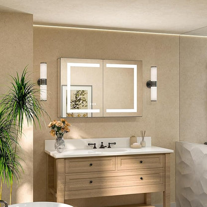 TETOTE LED Lighted Bathroom Medicine Cabinet Mirror with Lights 36 x 24 Recessed or Wall Mounted Cabinet with 2 Door, Tempered Glass, Outlets & USB, 3-Color Stepless Dimming, Defog, Adjustable Shelf