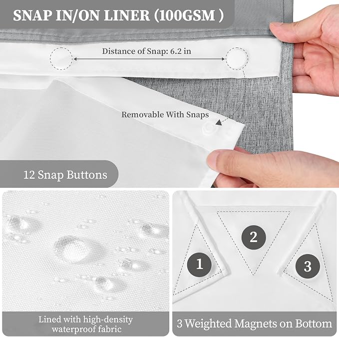 72x81 Ringless Linen Textured Shower Curtain with Snap in Liner, Grey | Tall Size, 3 in 1 Shower Curtain Set, Removable Liner, Waterproof & Washable, Mesh Top Window, Durable Fabric, Easy Setup