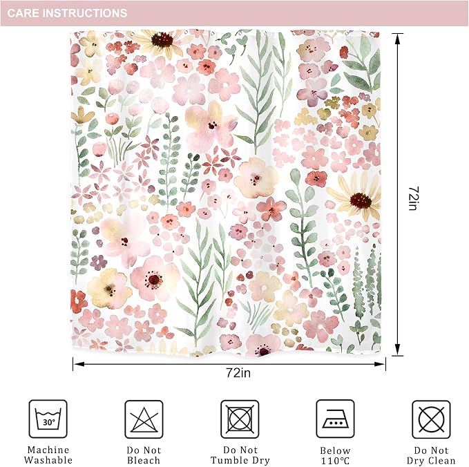 Cute Pink Green Floral Spring Boho Kids Girls Bathroom Shower Curtain Set | 72"W x 72"H Girly Watercolor; waterproof HD print, quick-dry fabric with 12 hooks for easy hanging.