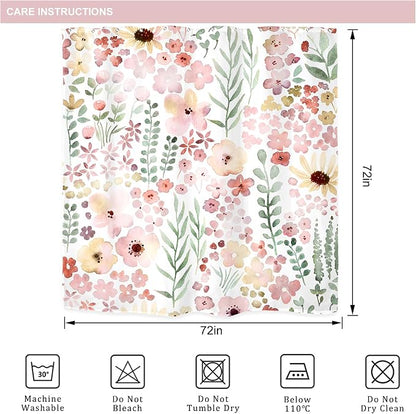 Cute Pink Green Floral Spring Boho Kids Girls Bathroom Shower Curtain Set | 72"W x 72"H Girly Watercolor; waterproof HD print, quick-dry fabric with 12 hooks for easy hanging.