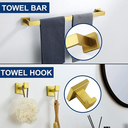 5 Pieces Bathroom Hardware Accessories Set Brushed Gold, 24Inch Bathroom Towel Rack Set SUS304 Stainless Steel, Square Bath Towel bar Set Wall Mounted, Heavy Duty