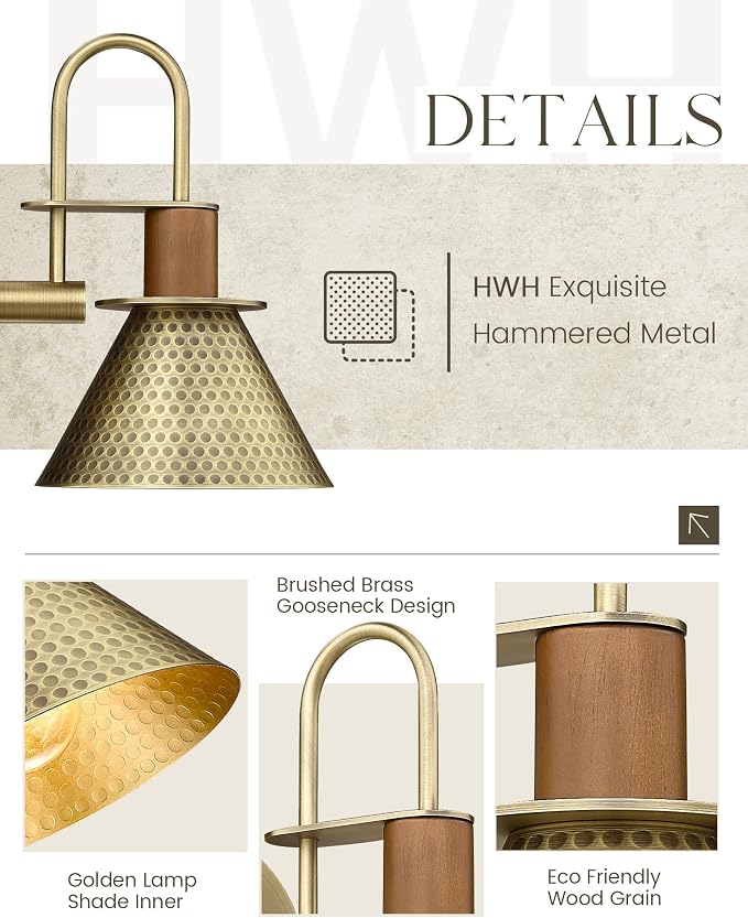 Barn Sconce Wall Lighting, HWH Gold Wall Sconces Indoor Wall Lights, 1-Light Vanity Wall Lamp for Bathroom Bedroom Bedside Kitchen, Hammered Metal Shade, Antique Brass Finish, 5HZG74B BG