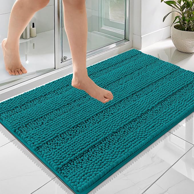 OLANLY Thick Bathroom Rugs 36x24, Chenille Striped Bath Rugs, Deep Lake | Rubber Backing, Machine Wash, Extra Soft Absorbent Bath Mats for Bathroom Floor, Tub and Shower, Home Decor Accessories