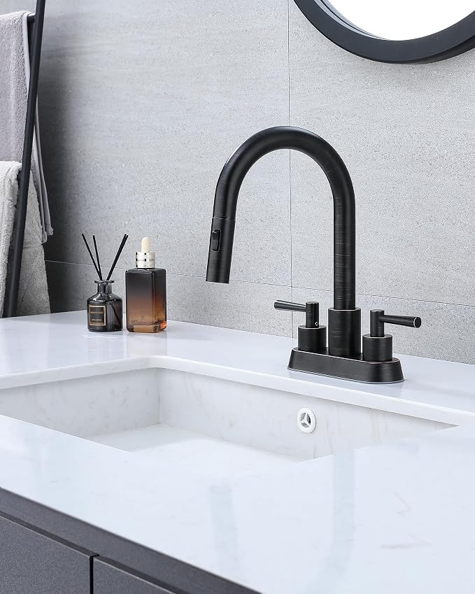 Bathroom Faucet with Pull Out Sprayer,Pull Down Bathroom Faucet 3 Holes,ORB | 4 Inch Centerset Vanity Faucet, Lead-Free,2 Handle Faucet with Pop Up Drain, Stainless Steel 3 Hole Faucet for RV Laundry
