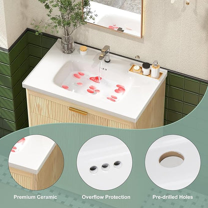 24 Inch Bathroom Vanity with Sink, Bathroom Vanity Cabinet with Single Sink, Bath Vanities with 2 Doors and 1 Flip Drawer, Natural Oak (19" D x 24" W x 36" H)