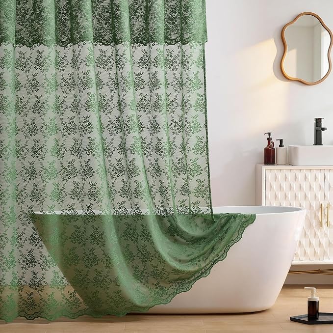 TUDECO Forest Green Lace Shower Curtain for Bathroom, 72W x 84L Inch | Forest Green, Rustic Floral, Semi-Sheer, Scalloped Edges, Summer Bathroom Curtain, Reinforced Holes, Machine Washable