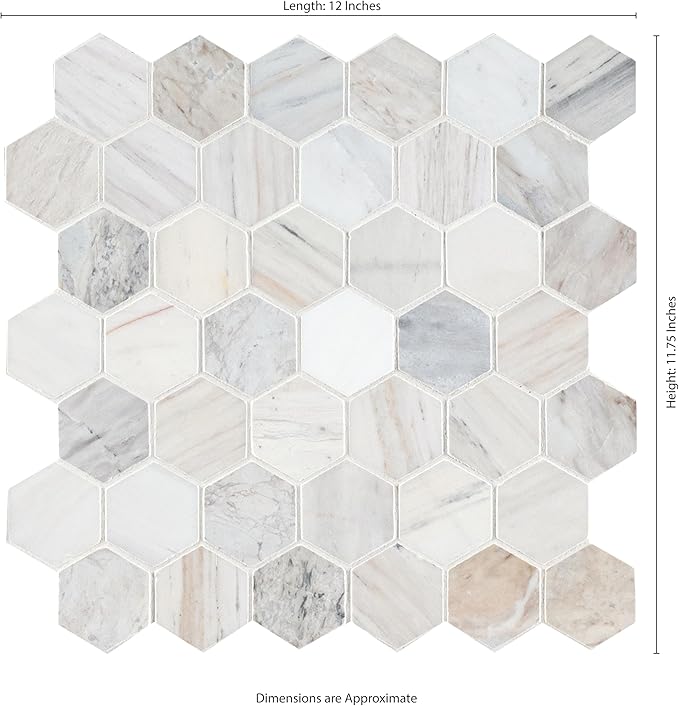 MSI Angora 12 in. x 12 in. Polished Marble Hexagon Tile for Kitchen Backsplash, Floor Tile, Wall Tile for Bathroom, Shower Wall Tile, Mesh Mounted Mosaic Tile