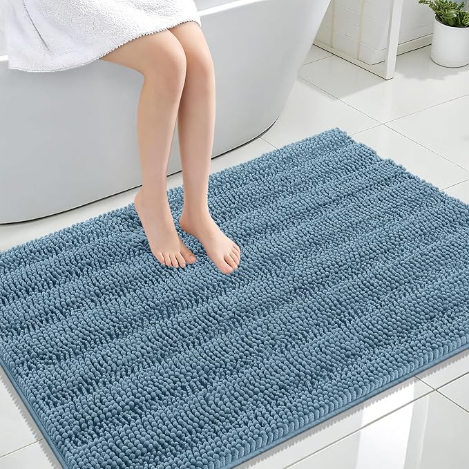 OLANLY Thick Large Bathroom Rugs 44x32, Soft Chenille Bath Rugs, Airy Blue | Absorbent Striped, Rubber Backing, Machine Wash Dry, Bath Mats for Bathroom Floor, Tub and Shower, Home Decor Accessories