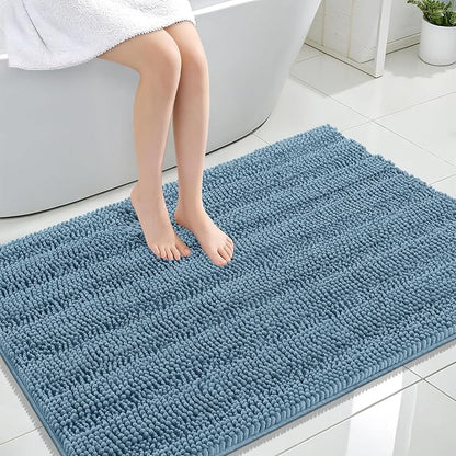 OLANLY Thick Large Bathroom Rugs 44x32, Soft Chenille Bath Rugs, Airy Blue | Absorbent Striped, Rubber Backing, Machine Wash Dry, Bath Mats for Bathroom Floor, Tub and Shower, Home Decor Accessories