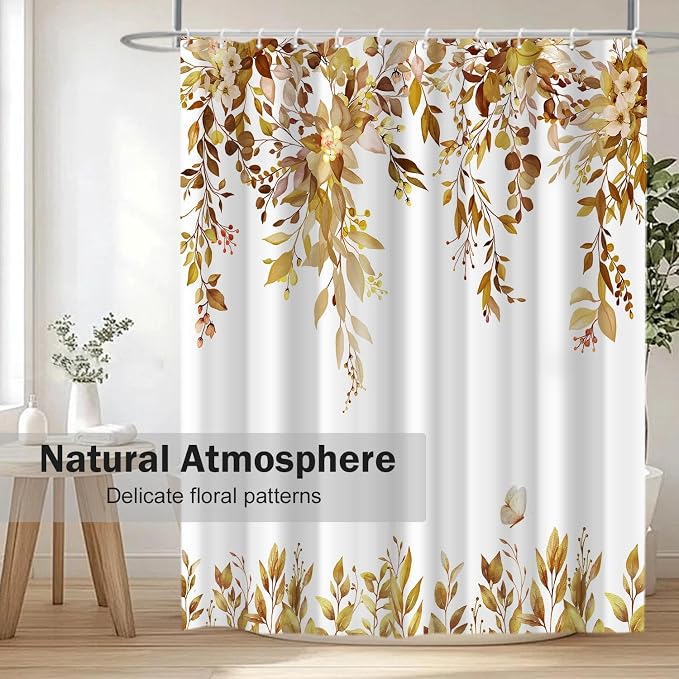 Brown Floral Eucalyptus Shower Curtain with Hooks, 72x72 Inch | Waterproof Fabric, Watercolor Leaves and Floral, Botanical Style, Machine Washable, Quick-Drying, for Hotel Bathroom