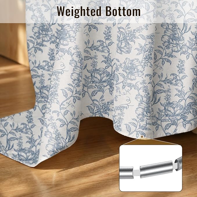 Farmhouse Blue Floral Shower Curtain with 12 Clear Rings 72"W x 84"L | Boho Fabric Shower Curtain Set, Vintage Cottagecore Shower Curtain for Bathroom