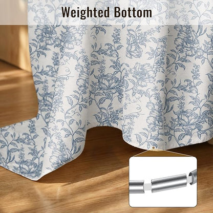 Farmhouse Blue Floral Shower Curtain with 12 Clear Rings 72"W x 84"L | Boho Fabric Shower Curtain Set, Vintage Cottagecore Shower Curtain for Bathroom