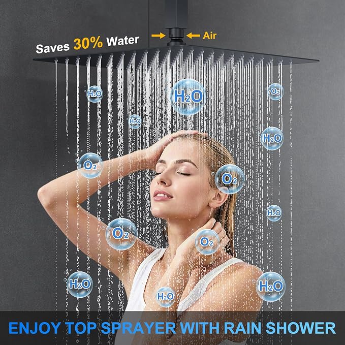 Shower Faucet Set, 12" Ceiling Mount Rainfall Shower System with 12'' Top Head+6'' Side Head and Multi-function Handheld Head Push Button Diverter Shower Faucet Trim Kit (12", Matte Black)
