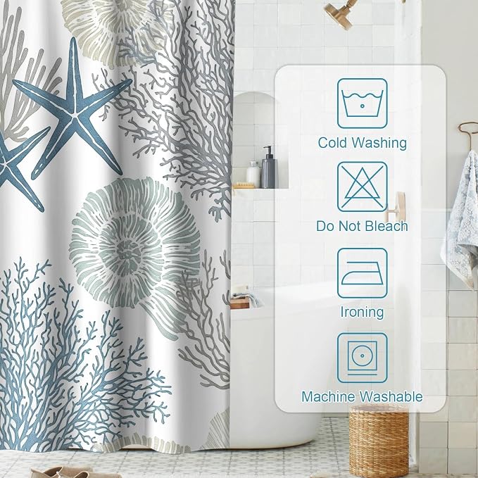 Modern Ocean Rustic Shower Curtain, Coastal Summer Aesthetic Unique Seashell Shower Curtains for Bathroom, Waterproof Bath Curtain with Hooks Machine Washable Bathtub Curtains 72x72 Inch Blue