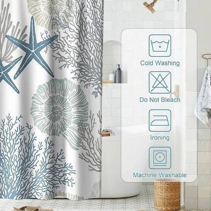 Modern Ocean Rustic Shower Curtain, Coastal Summer Aesthetic Unique Seashell Shower Curtains for Bathroom, Waterproof Bath Curtain with Hooks Machine Washable Bathtub Curtains 72x72 Inch Blue