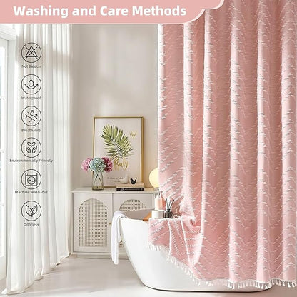 Siiluminisoy Extra Long Pink Boho Shower Curtain with White Tassel, Woven Fabric Cute Shower Curtain, Tufted Chevron Striped, 72 x 78, Modern Chic Textured Minimalist Bathroom Shower Curtain