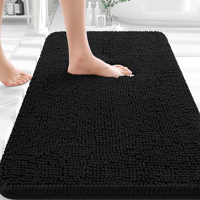OLANLY Bathroom Rugs 35x24, Extra Soft Absorbent Chenille Bath Rugs | Black, Quick-Drying Rubber Backing, Machine Washable Bath Mat for Bathroom Floor, Tub and Shower, Home Decor Accessories