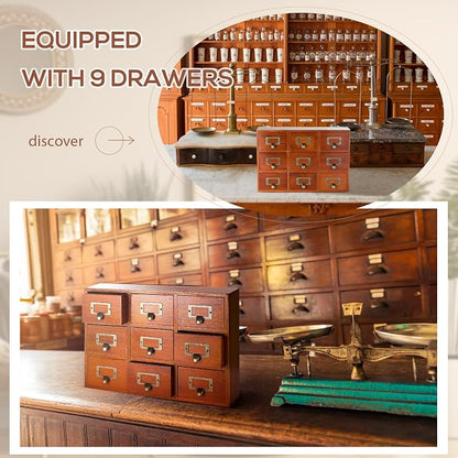 Qinyoung 9 Drawers Apothecary Cabinet Library Card Catalog Cabinet Tabletop Vintage Apothecary Chests Cabinets Rustic Herb Storage Box with Drawers Wooden Desk Drawer Organizer Medicine Furniture