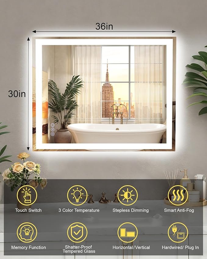 30x36 LED Bathroom Mirror, 6000LM, Separate Front and Back Lights | UL Certified,Shatter-Resistant Tempered Glass,Auto-Off Defogger,3 Color Modes,Smooth Dimming,Smart Memory Setting