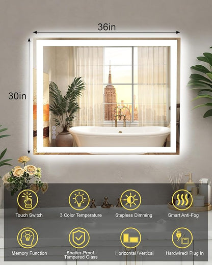 30x36 LED Bathroom Mirror, 6000LM, Separate Front and Back Lights | UL Certified,Shatter-Resistant Tempered Glass,Auto-Off Defogger,3 Color Modes,Smooth Dimming,Smart Memory Setting