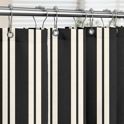 Tititex Cute Candy Cane Striped 140gsm Faux Linen Fabric Shower Curtain, Elegant Classic Black Beige Shower Curtain Sets Decoration 72x78 Inch with Hooks